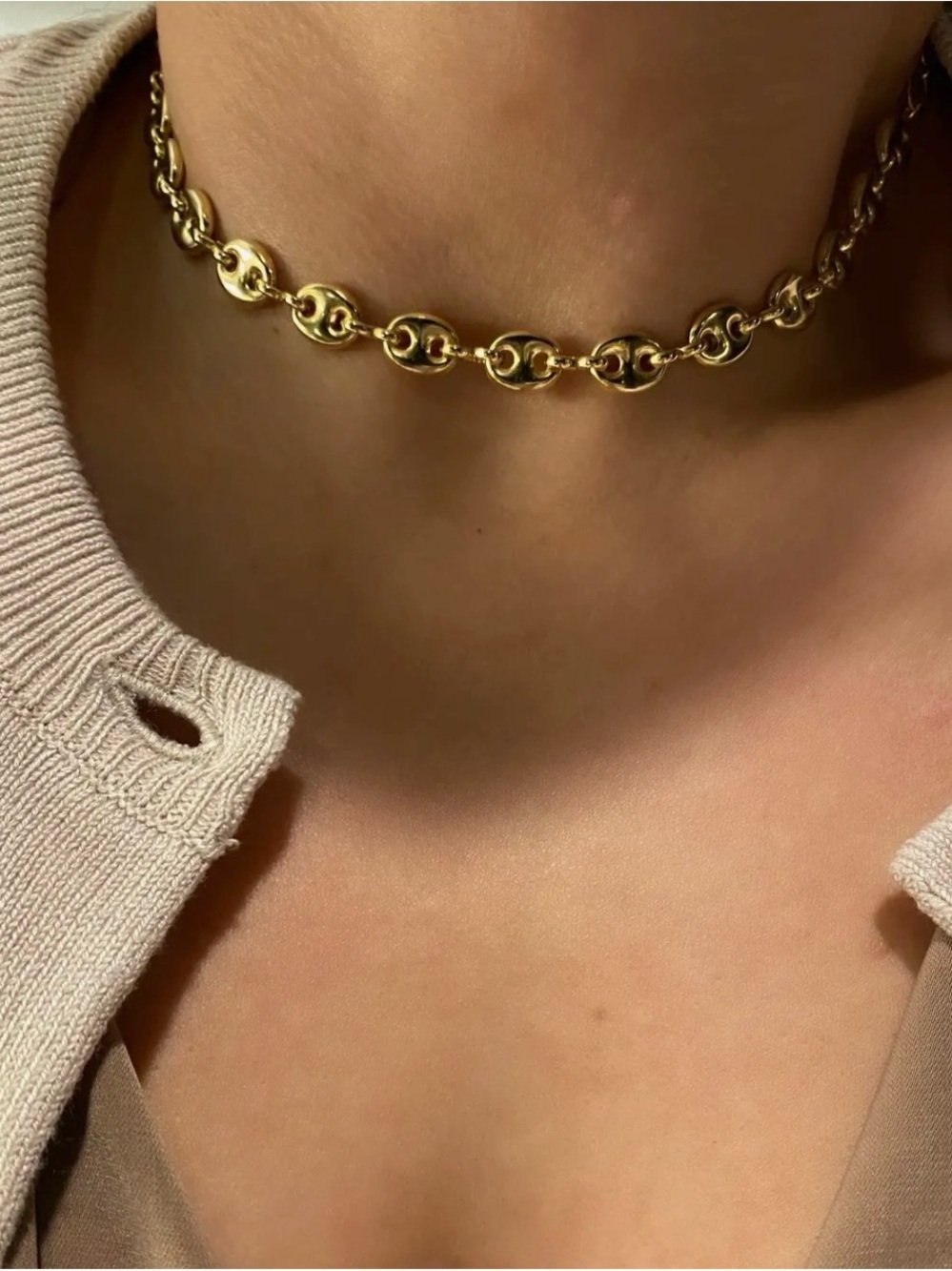 18K Gold Filled Puffy Mariner Choker Featuring Unique Chain Extender - Picture 3 of 6
